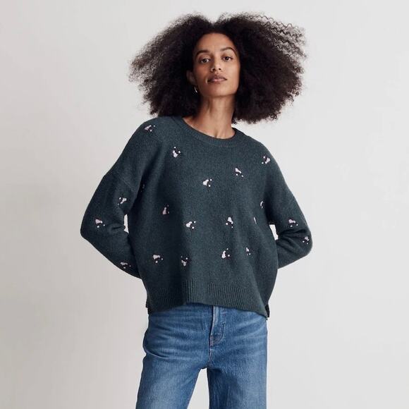 Madewell Green Embroidered Cross Stich Floral Pullover Sweater Women's XS - Picture 1 of 7